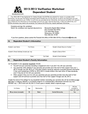 2012-2013 Verification Worksheet