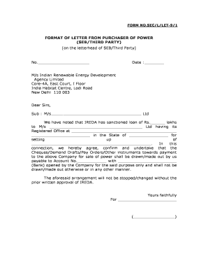 FORMAT OF LETTER FROM PURCHASER OF POWER SEBTHIRD PARTY