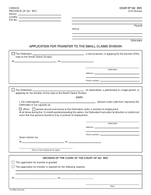 Application for Transfer to Small Claims Division