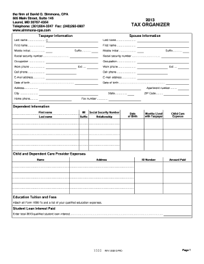 2013 US Federal Tax Organizer Form