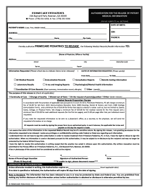 PrimeCare Pediatrics Medical Information Release Form
