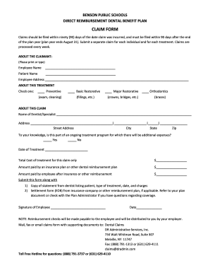Benson Public Schools Dental Reimbursement Claim Form