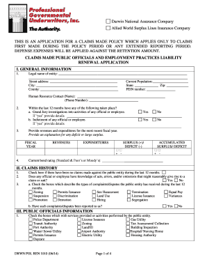 Claims Made Public Officials and Employment Practices Liability Renewal Application