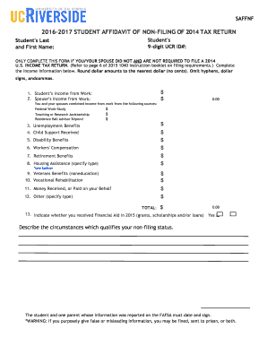 Student Affidavit of Non-Filing of 2014 Tax Return
