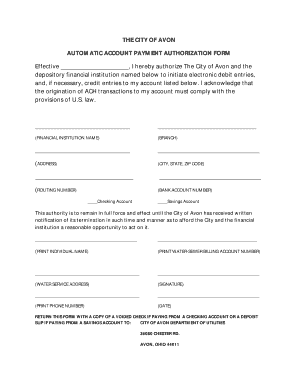 City of Avon Automatic Account Payment Authorization Form