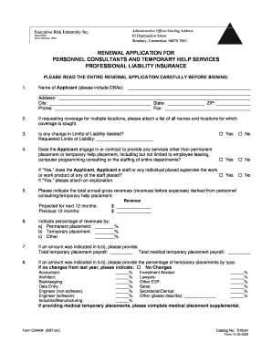 Renewal Application for Personnel Consultants and Temporary Help Services Professional Liability Insurance