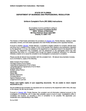 Florida Real Estate Uniform Complaint Form
