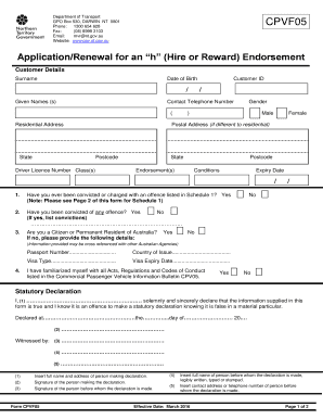 Application for Hire or Reward Endorsement