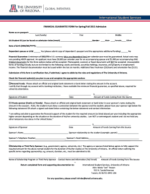 Financial Guarantee Form for University of Arizona