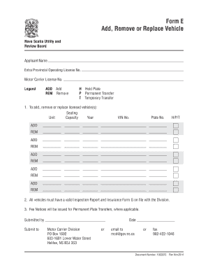 Nova Scotia Vehicle License Form E