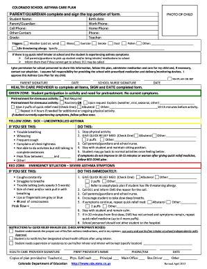 Colorado School Asthma Care Plan