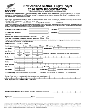 New Zealand Senior Rugby Player Registration Form