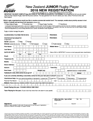 New Zealand Junior Rugby Player Registration Form