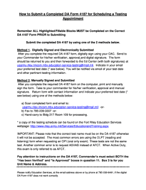 DA Form 4187 Testing Appointment Request