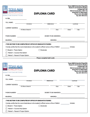 Texas A&M University-Kingsville Diploma Card