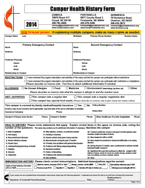 Camper Health History Form