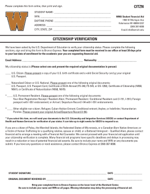 WMU Student Financial Aid Citizenship Verification Form