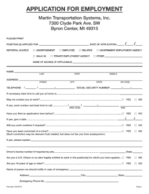 Martin Transportation Systems Employment Application