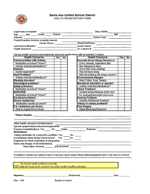 Santa Ana Unified School District Health Registration Form