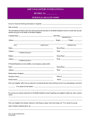 Job's Daughters Personal Health Form