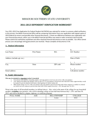 Missouri Southern State University Dependent Verification Worksheet