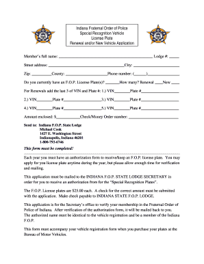 Indiana FOP Special Recognition Vehicle License Plate Application