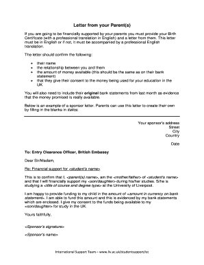Parental Financial Support Letter
