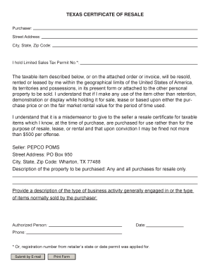 Texas Certificate of Resale