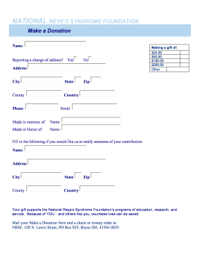 National Reye's Syndrome Foundation Donation Form