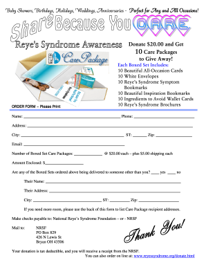 National Reye's Syndrome Foundation Care Package Order Form