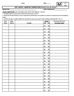 Exit Lights Monthly Inspection Form