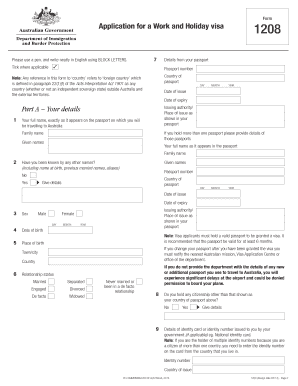 Work and Holiday Visa Application Form 1208