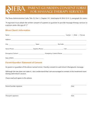 Parent Guardian Consent Form for Massage Therapy