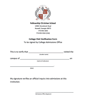 Fellowship Christian School College Visit Verification Form To be