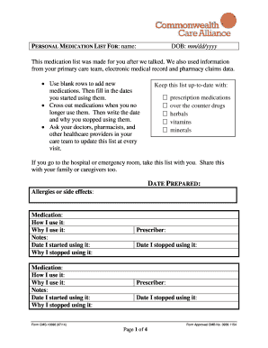 Personal Medication List Form
