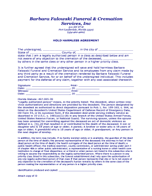 Florida Hold Harmless Agreement for Cremation