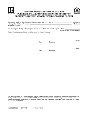 Virginia Property Owners Association Disclosure Packet Acknowledgment