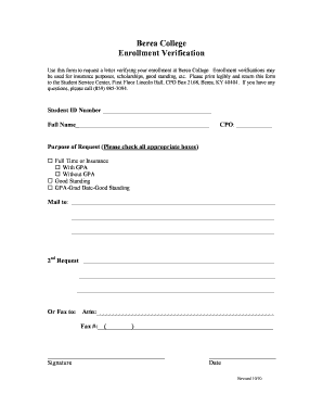 Berea College Enrollment Verification Form