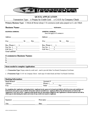 Quick Application for Prepay or COD