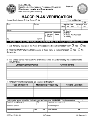 Florida HACCP Plan Verification Form