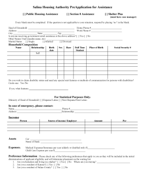 Salina Housing Authority PreApplication for Assistance