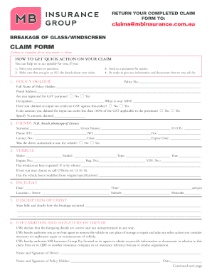 Breakage of Glass/Windscreen Claim Form