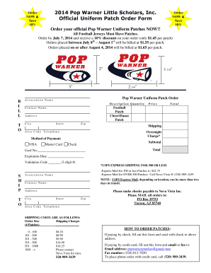 Pop Warner Uniform Patch Order Form
