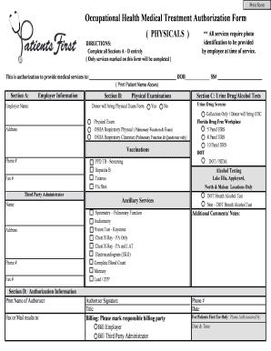 Occupational Health Medical Treatment Authorization Form
