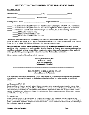 Meningitis and Tdap Immunization Pre-Payment Form