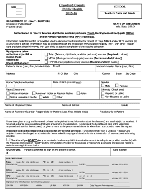 Wisconsin School Vaccine Authorization Form