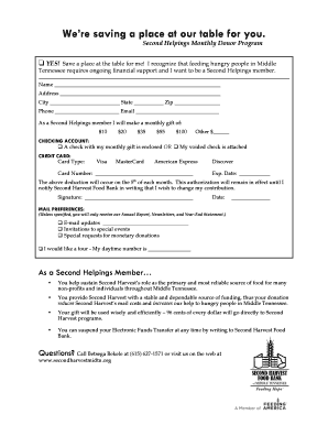 Second Helpings Monthly Donor Program Form