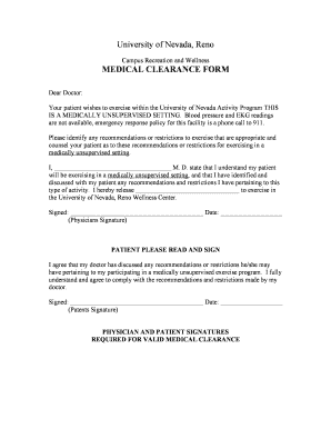 University of Nevada Medical Clearance Form
