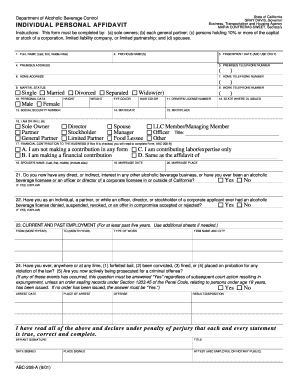 California Individual Personal Affidavit for Alcoholic Beverage License