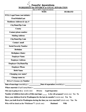 Washington Divorce or Legal Separation Worksheet